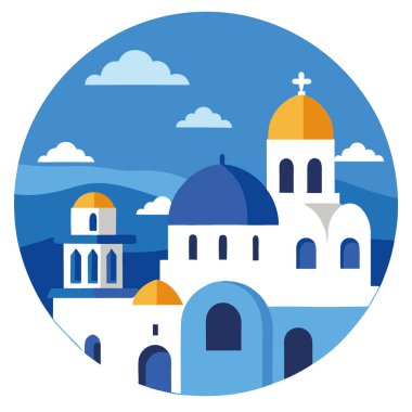 Santorini 'nin ikonik beyaz yıkanmış binalarıyla güzelliğini keşfedin. Mavi kubbeli kiliseler. ve çarpıcı gün batımları. Yapay zeka üretildi. Vektör simgesi