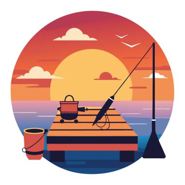 Gün batımında ahşap bir rıhtımda dinlenen balık ekipmanları. Sakin sularda turuncu ve pembe renkli canlı renkleri yansıtan yapay zeka. Vektör simgesi