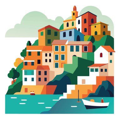 Huzurlu balıkçı köyü Riomaggiore kayalık renkli binalar Cinque Terre Sahili. İtalyan Akdeniz Avrupası. Yapay zeka üretildi. Vektör simgesi