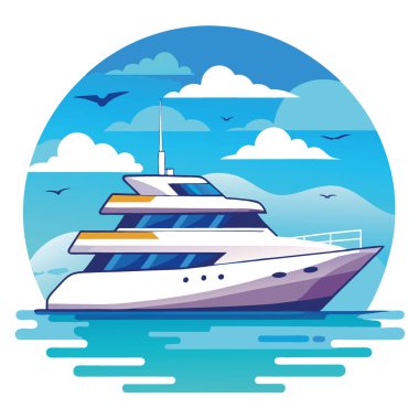 Lüks bir yat berrak bir gökyüzünün altında berrak mavi sularda süzülüyor. Yapay zekanın yarattığı sükunet ve macera hissini uyandırıyor. Vektör simgesi