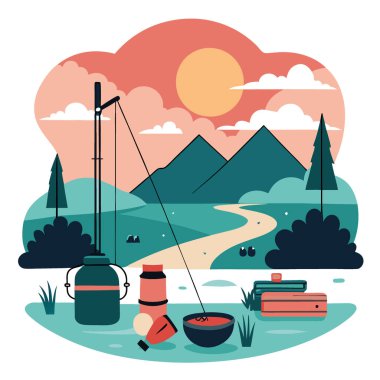 Huzurlu bir nehir kıyısında huzurlu bir balık avı. Olta ve olta takımı olta atmak için hazırlandı. Balıkçının geri çekilme tarzı. Yapay zeka üretildi. Vektör simgesi