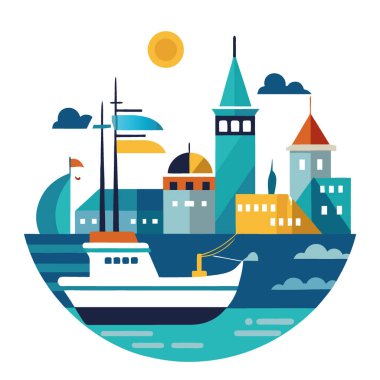 Yelkenli modern bir su limanı sahnesi. Yatlar. Buharlı gemi. Ve balıkçı tekneleri. Yapay zekanın oluşturduğu izole bir işaret seti olarak sunuluyor. Vektör simgesi