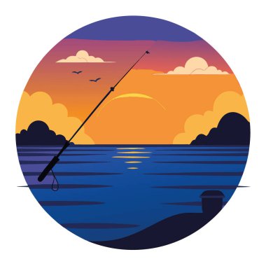 Balıkçı çubukları siluetiyle okyanusun üzerinde sakin bir günbatımı. Yapay zekanın yarattığı barışçıl balıkçılık maceralarının özünü yakalıyorum. Vektör simgesi