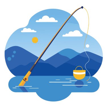 Mavi ve altın balıkçı oltası güneşli bir günde kısmen bir göle batmış. Olta ipi. Sakin su. Sakin bir atmosfer. Yapay zeka üretildi. Vektör simgesi