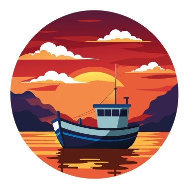 Gün batımında dramatik bulutlar ve canlı renklerle balıkçı teknesi manzaralı okyanus manzarasında su yüzeyine yansıyor. Yapay zeka üretildi. Vektör simgesi