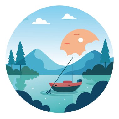 Sakin bir göle demirlenmiş küçük bir tekneyle huzurlu bir balık avı gezisi. Balıkçı çubukları suyun içinde. Andolsun kuşluk vaktine, Yapay zeka üretildi. Vektör simgesi