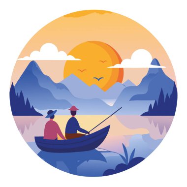 İki kişi küçük bir teknede huzurlu bir balık avının tadını çıkarıyor. Güneşin doğuşuyla birlikte sisli ve sakin sularla çevrili. - Evet. Yapay zeka üretildi. Vektör simgesi