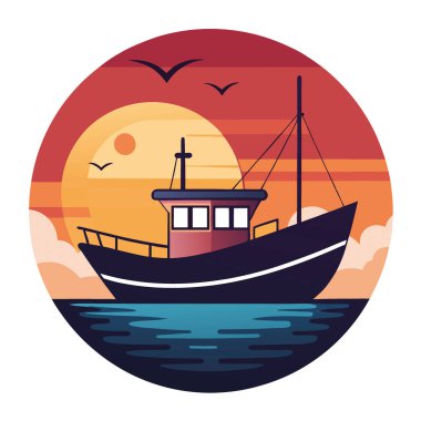 Gün batımında açık denizde balıkçı teknesi. Doğa fotoğrafçılığı için olası kullanım alanı. Deniz manzarası. Ya da denizcilik faaliyetleri. Yapay zeka üretildi. Vektör simgesi