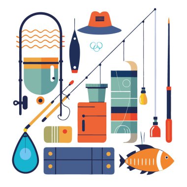 Oltalarla sergilenen olta ve olta takımları. Yem. Ve bir açık hava meraklısı için ahşap bir yüzeye çıkıyor. Yapay zeka üretildi. Vektör simgesi