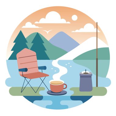 Balıkçı oltasıyla sakin göl manzarası. Bir fincan kahve. Ve sisli bir sabah atmosferiyle çevrili rahat bir sandalye. Yapay zeka üretildi. Vektör simgesi