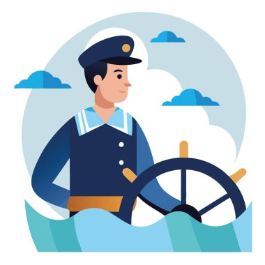 Bir kaptan, bulutlu bir günde teknenin etrafını saran çalkantılı dalgalar nedeniyle bir balıkçı teknesinin dümeninden ufku gözlüyor. Yapay zeka üretildi. Vektör simgesi