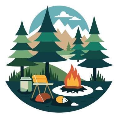 Engebeli bir kamp alanı. Nehrin kıyısında ızgara tüten taze balıkla yakalanmış. Tepemizde çam ağaçları yükseliyor. Yapay zeka üretildi. Vektör simgesi