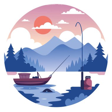 Şafak vakti sisli bir gölde sakin bir balık avı. Olta ve olta oltası olta için ayarlandı. Lakeside eğlence tarzı. Yapay zeka üretildi. Vektör simgesi