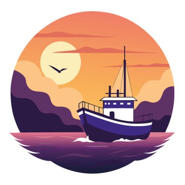 Gün batımında sakin sularda yüzen ticari bir balıkçı teknesi. Gökyüzü turuncu ve mora dönerken geride iz bırakıyor. Yapay zeka üretildi. Vektör simgesi