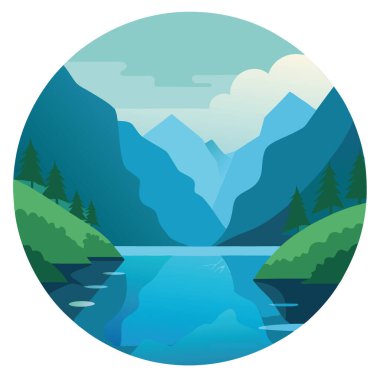 Norveç 'teki fiyorttan huzurlu bir manzara. Sakin sularda, sisli dağlarda ve her iki taraftaki yemyeşil sularda yapay zeka üretildi. Vektör simgesi