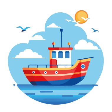 Canlı bir balıkçı teknesi, bulutları kabarık ve yükselen kuşlarla berrak mavi bir gökyüzünün altında huzur içinde yüzüyor. Vektör simgesi