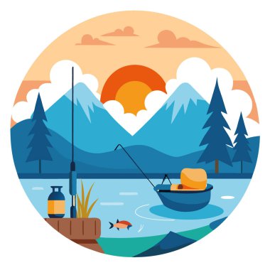 Şafakta sakin bir gölde ferahlatıcı bir balık avı. Olta ve yem oltaya takıldı. Lakeside eğlence tarzı. Yapay zeka üretildi. Vektör simgesi