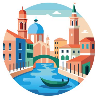 Huzurlu kanalları ve tarihi Venedik sanat eserlerini keşfederek sakin su yolu manzaralı kültürel mirası resmetmek. Yapay zeka üretildi. Vektör simgesi