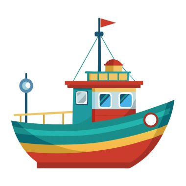 Balıkçı teknesi çizimi. Renkli tasarım. detaylı özellikler. denizcilik teması. Şeffaf arkaplanda izole edilmiş. png. Yapay zeka üretildi. Vektör simgesi