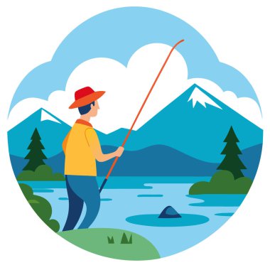 Suda yüzen bir balıkçının gerçekçi fotoğrafı. Geleneksel balıkçılık yöntemleri. ve huzurlu doğa manzarası. Yapay zeka üretildi. Vektör simgesi