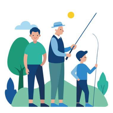 Üç kuşak insan büyükbaba. Baba ve torun sabahın erken saatlerinde birlikte balık tutuyorlar. Babalar Günü kavramı. Yapay zeka üretildi. Vektör simgesi