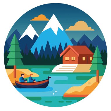 Nehir kenarındaki kamp alanında sakin kano maceraları dinlenme kabini doğa manzaralı kaçış konsepti. Yapay zeka üretildi. Vektör simgesi