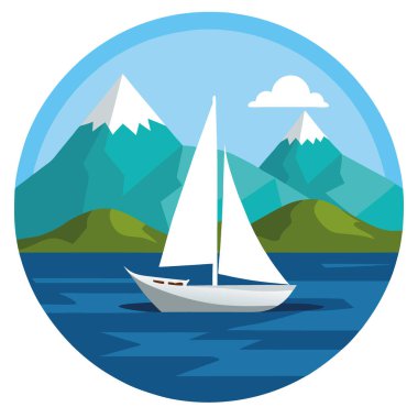 Bir yelkenli arka planda dağlar olan bir gölde yelken açıyor. Yelkenli beyaz ve suda hareket ediyor. Yapay zeka üretildi. Vektör simgesi