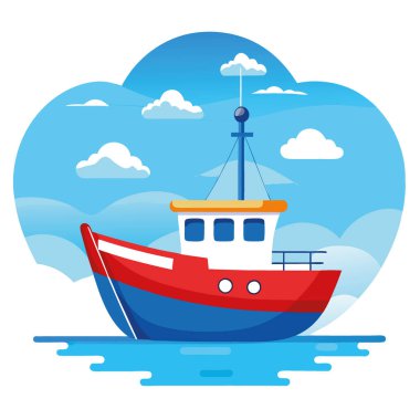 Canlı bir balıkçı teknesi, mavi gökyüzünün altında, tüylü bulutlarla sakin bir denizde süzülür. Yapay zekanın oluşturduğu kıyı temaları için mükemmel. Vektör simgesi