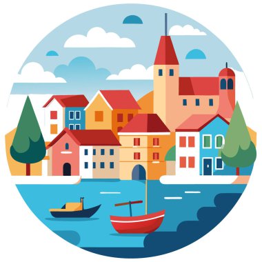 Renkli evleri olan güzel bir liman manzarası var. Tekneler. Ve sakin suları yansıtan sakin bir gökyüzü. Yapay zeka üretildi. Vektör simgesi