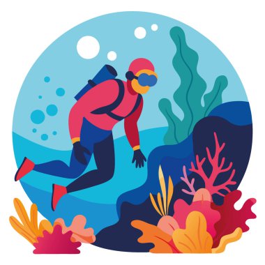 Dalgıç, tropik bir deniz ortamının berrak sularındaki canlı mercan resifini gün ortasında keşfediyor. Yapay zeka üretildi. Vektör simgesi