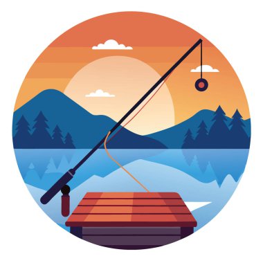 Aynaya benzeyen göle bakan ahşap bir iskelede olta kamışı. Yapay zekanın yarattığı şafakta ya da alacakaranlıkta balığın huzurlu özünü yakalamak. Vektör simgesi