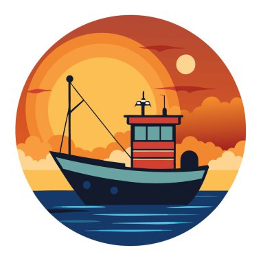 Gün batımında demir atmış bir balıkçı teknesi. Sakin suların üzerine sıcak bir ışık saçıyor. Yapay zekanın ürettiği deniz ve doğa temaları için mükemmel. Vektör simgesi