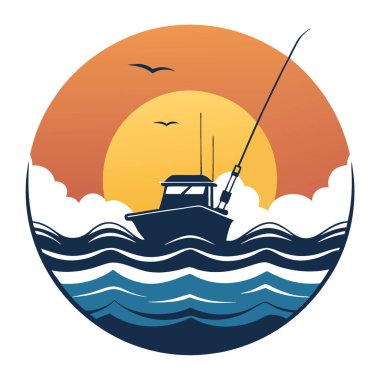 Şafakta okyanus dalgalarını aşan bir balıkçı teknesinin arkasında. Olta çubuklarıyla dolu. Yapay zekanın ürettiği altın bir gündoğumunda yakalandı. Vektör simgesi