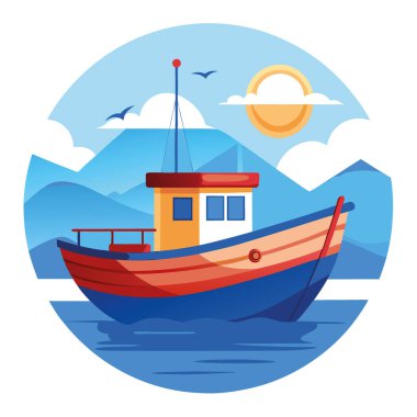 Sakin bir balıkçı teknesi berrak mavi gökyüzünün altında sakin sularda yüzer. Yapay zekanın yarattığı sükunet ve deniz cazibesinin vücut bulmuş hali. Vektör simgesi