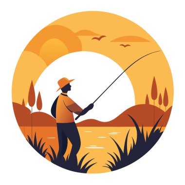 Bir balıkçı nehirde duruyor. Balık oltasını güneşin sıcacık altın parıltısının altına attı. Yapay zekanın ürettiği uzun otlarla çevrili. Vektör simgesi