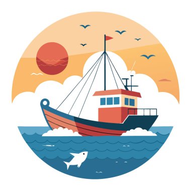 Sabahın erken saatlerinde balık dolu ağları çeken balıkçı teknesi. Suyun üzerinde sakin ve üretken bir atmosfer yaratmak. Yapay zeka üretildi. Vektör simgesi