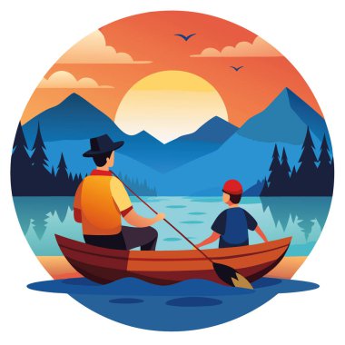 Baba ve oğul, baş döndürücü altın gündoğumunda sakin bir gölde, küçük tahta bir teknede huzurlu bir balık avına çıkıyorlar. Yapay zeka üretildi. Vektör simgesi