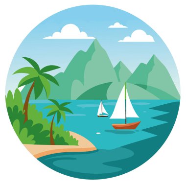Gündüzleri, dağlarla çevrili sakin sularda süzülen yelkenliler ve tropik bir cennette yemyeşil alanlar. Yapay zeka üretildi. Vektör simgesi