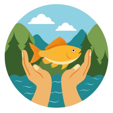 Eller, dingin bir nehir zemininde taze yakalanmış altın bir balığı tutuyor. Yapay zekanın yarattığı başarılı bir balık avı gezisini yansıtıyor. Vektör simgesi