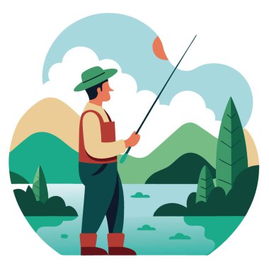 Bir balıkçı sakin bir öğleden sonra avlanmak için sabırla beklerken yağmurluk giyip huzurlu bir nehirde duruyor. Yapay zeka üretildi. Vektör simgesi