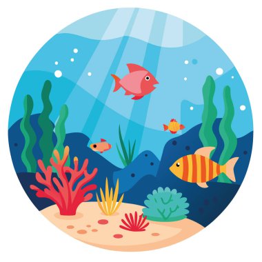 Parlak mercanların ve yüzen güneş ışınlarıyla yüzen tropikal balıkların bulunduğu çeşitli bir su altı ekosistemi. - Evet. Yapay zeka üretildi. Vektör simgesi