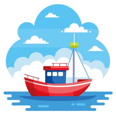 Küçük bir balıkçı teknesi, sakin bir denizde, parlak mavi bir gökyüzünün altında, arka planda tüylü beyaz bulutlarla huzur içinde yüzüyor. Yapay zeka üretildi. Vektör simgesi