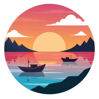 Sakin suların üzerinde, renkli gökyüzüne karşı üç tekne silueti olan sakin bir günbatımı. Yapay zekanın yarattığı doğa ve seyahat temaları için mükemmel. Vektör simgesi