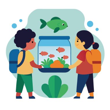 İki çocuk akvaryumdaki bir kaplumbağaya bakıyor. Kaplumbağa birçok balıkla çevrilidir. Çocuklar sırt çantası takıyor. Yapay zeka üretildi. Vektör simgesi