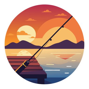Çarpıcı bir günbatımında tahta bir iskelede dinlenen bir olta kamışı. Sakin suları ve doğanın güzelliğini yansıtan yapay zeka. Vektör simgesi