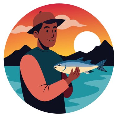 Gün batımında taze yakalanmış bir balığı tutan birinin yakın çekimi. Yapay zekanın yarattığı balıkçılığın güzelliğini ve doğanın huzurunu gözler önüne seriyor. Vektör simgesi