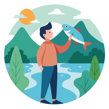 Nehir kenarında taze yakalanmış bir balığı tutan biri. Yeşilliklerle çevrili. Yapay zekanın doğada yarattığı balık tutmanın heyecanını somutlaştırıyor. Vektör simgesi