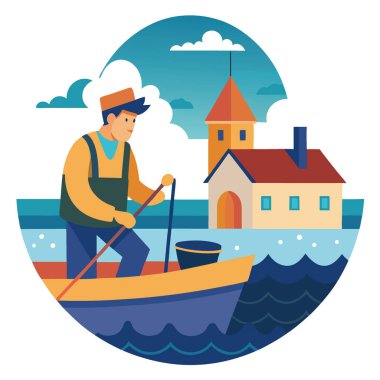 Yağmurlu bir günde bir balıkçı, bir sahil köyünde teknesinde özenle çalışıyor. Okyanus ve bulutlu gökyüzü ile çevrili. Yapay zeka üretildi. Vektör simgesi