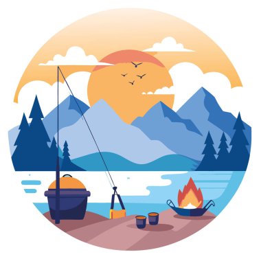 Güneşin doğuşunda sisli bir gölde maceralı bir balık avı. Olta ve olta oltası oltaya takıldı. Lakeside eğlence tarzı. Yapay zeka üretildi. Vektör simgesi