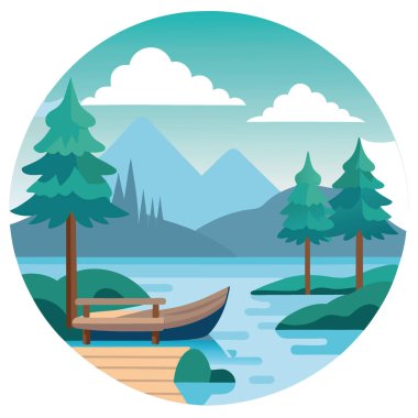 Yüksek ağaçlarla çevrili ahşap bir tekne ve rıhtım ile sakin sisli göl sahnesi. Huzurlu ve sakin bir atmosfer yaratmak yapay zekanın ürettiği bir şey. Vektör simgesi